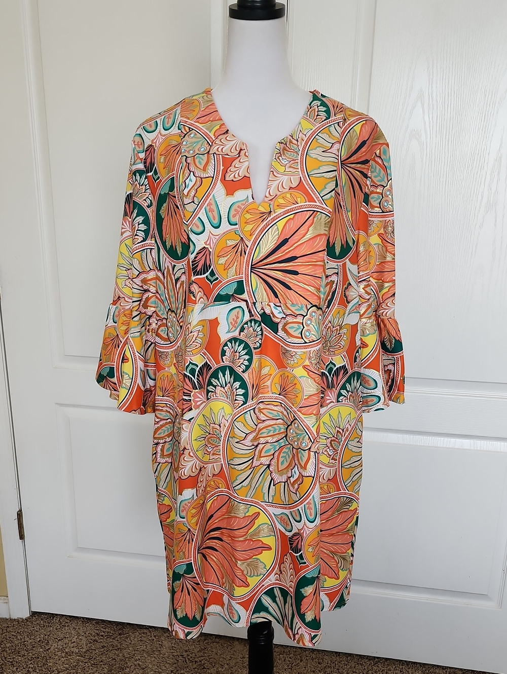 Jude Connally Orange Floral Midi Shift Dress with Green Accents